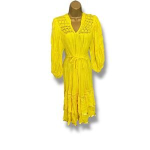Vintage Yellow Boho Midi Dress w/ Crochet Lace & Ruffle Hem